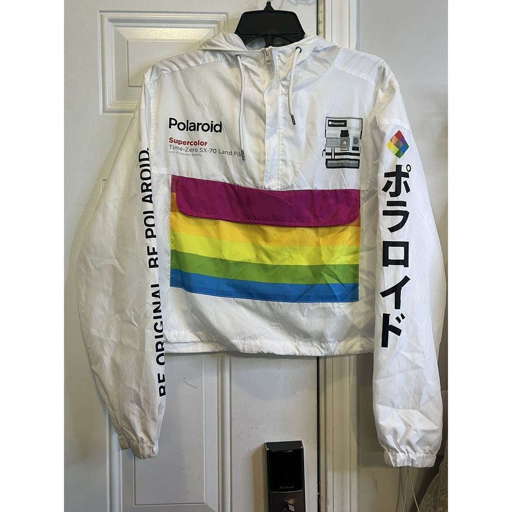 Polaroid Retro Camera Rainbow Stripe Windbreaker Jacket White Medium M Hooded